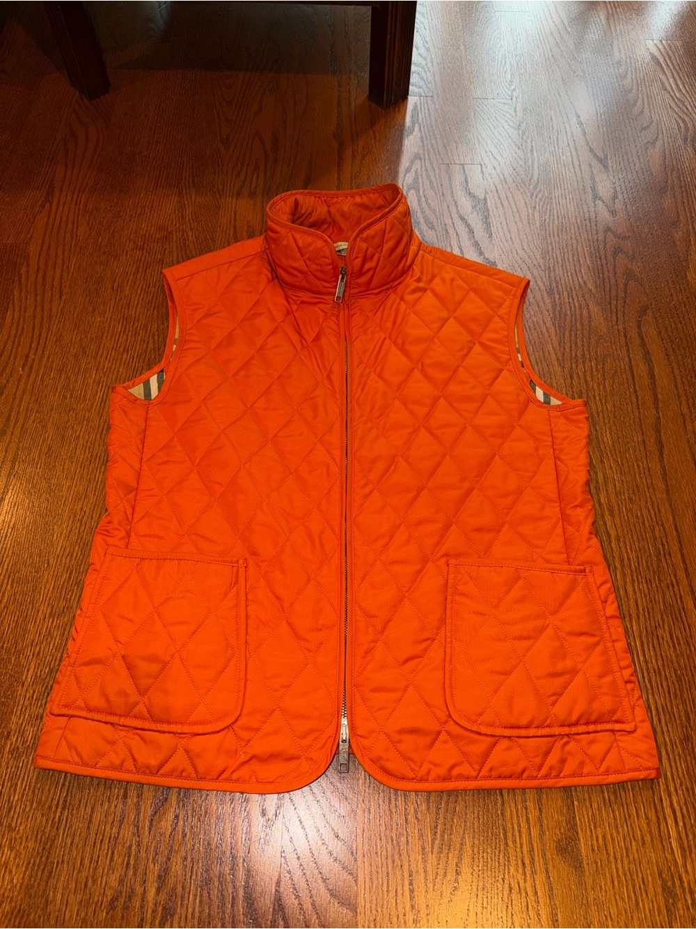 Burberry Orange Quilted Sleeveless Vest with Stand Collar Women’s Size M